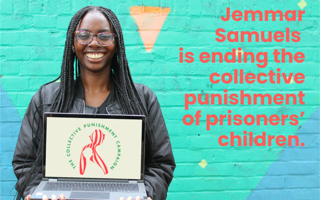 Jemmar standing with laptop reading The Collective Punishment Campaign
