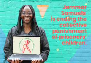 Jemmar standing with laptop reading The Collective Punishment Campaign
