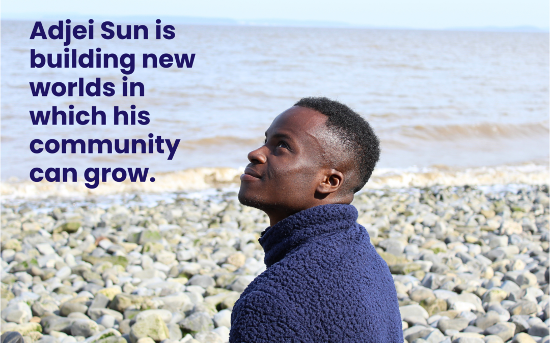 Adjei looking up at the sky. Text - Adjei Sun is building new worlds in which his community can grow.
