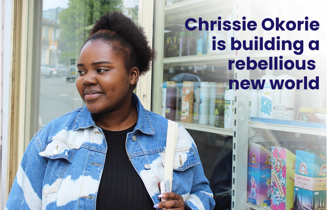 Chrissie in a denim jacket Text on screen - Chrissie Okorie is building a rebellious new world.
